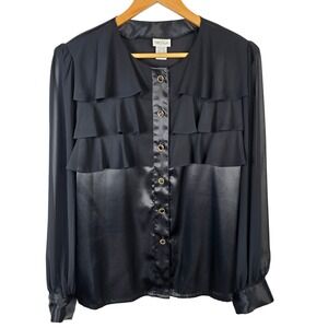 Nicola Women's Black Ruffle Satin Trim Long Sleeve‎ Blouse Size 14